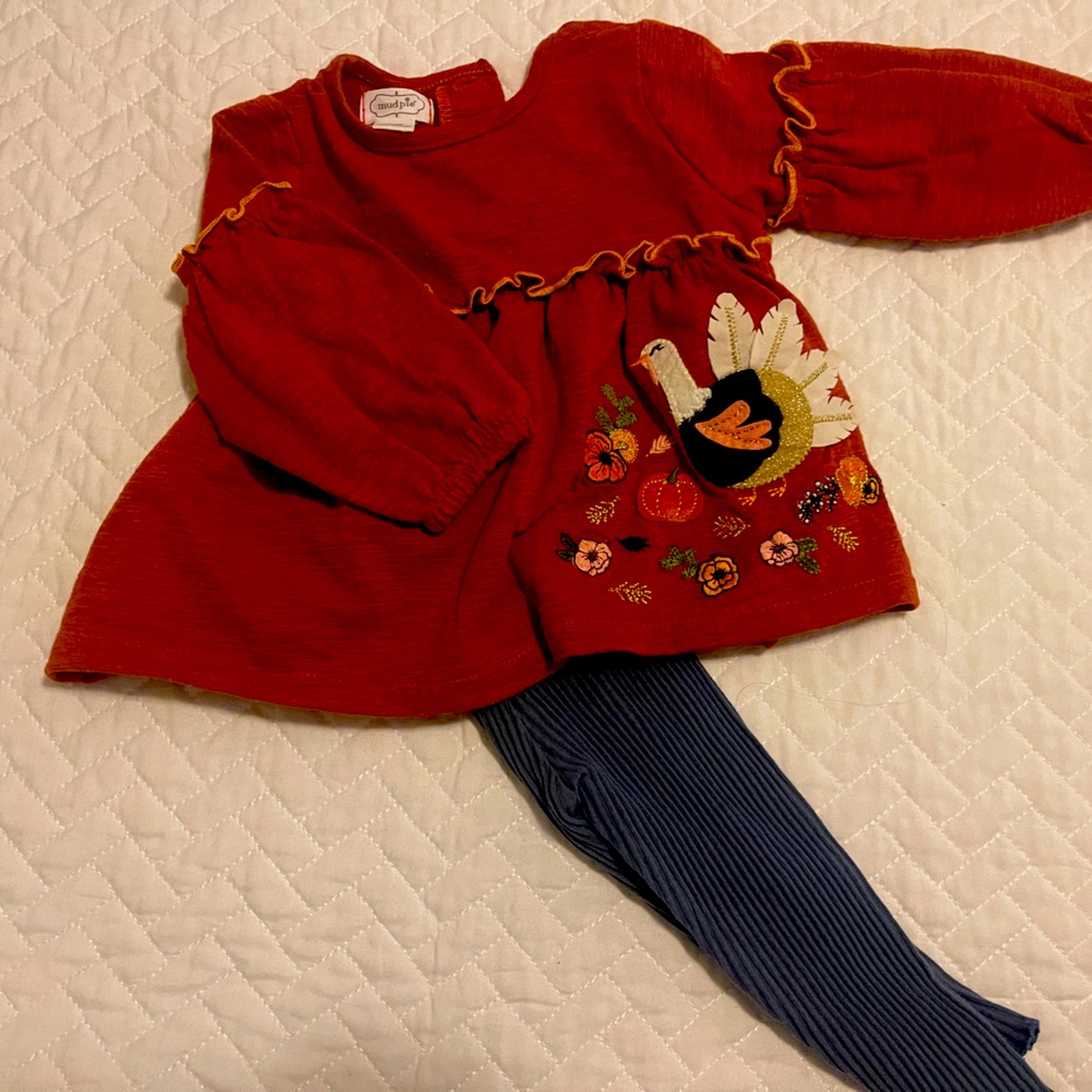 Mud Pie EUC TURKEY Thanksgiving Fall Autumn set 6-9mo baby girl